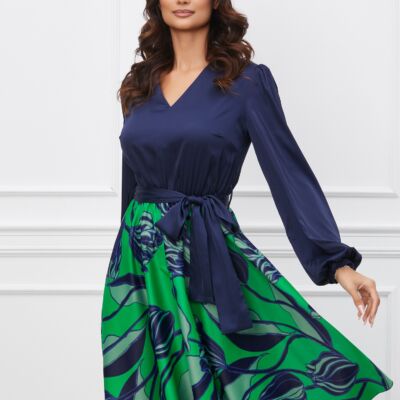 Black Friday 2022 Rochie Dy Fashion bleumarin cu imprimeu turcoaz pe fusta si cordon in talie