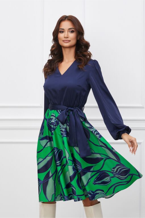 Black Friday 2022 Rochie Dy Fashion bleumarin cu imprimeu turcoaz pe fusta si cordon in talie