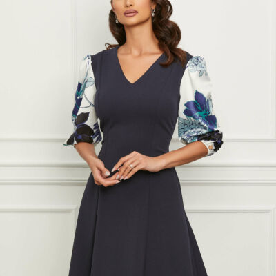 Black Friday 2022 Rochie Dy Fashion bleumarin cu maneci din satin