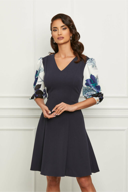 Black Friday 2022 Rochie Dy Fashion bleumarin cu maneci din satin