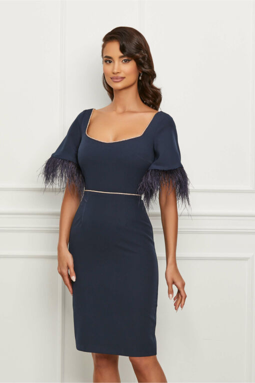 Black Friday 2022 Rochie Dy Fashion bleumarin cu pene la maneci si insertie stralucitoare