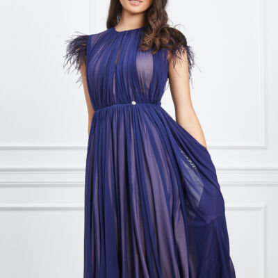 Black Friday 2022 Rochie Dy Fashion bleumarin cu pene la umeri