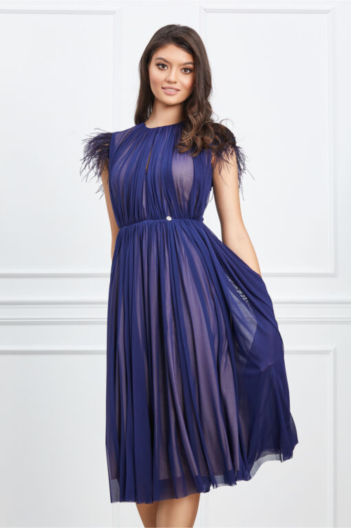 Black Friday 2022 Rochie Dy Fashion bleumarin cu pene la umeri
