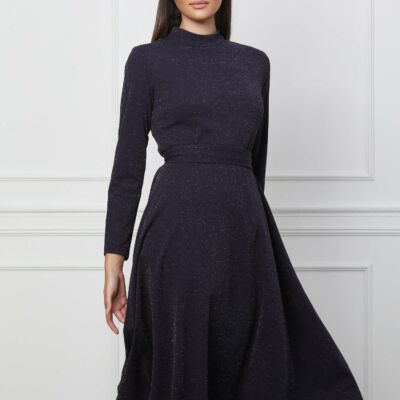 Black Friday 2022 Rochie Dy Fashion bleumarin din lurex cu cordon in talie