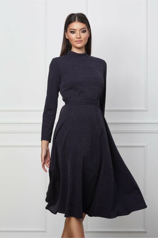 Black Friday 2022 Rochie Dy Fashion bleumarin din lurex cu cordon in talie