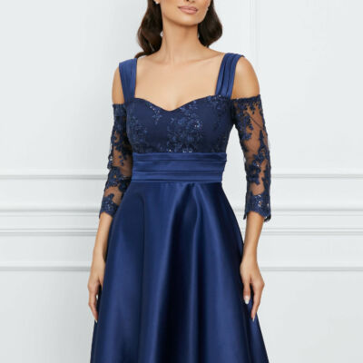 Black Friday 2022 Rochie Dy Fashion bleumarin din tafta cu maneci din dantela si umeri goi