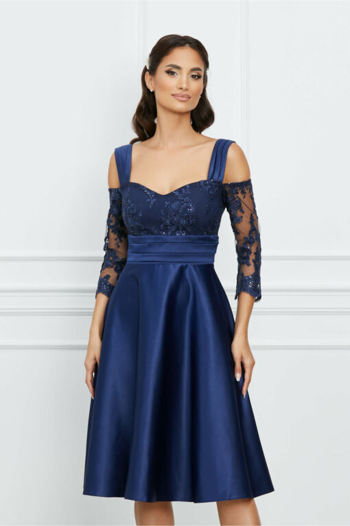 Black Friday 2022 Rochie Dy Fashion bleumarin din tafta cu maneci din dantela si umeri goi