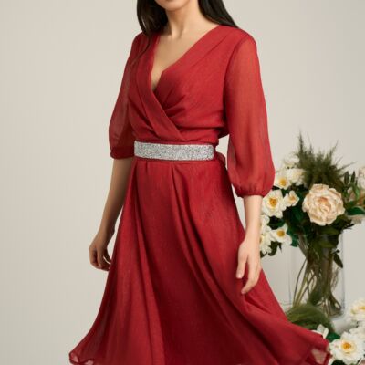 Black Friday Rochie Dy Fashion bordo din voal cu fir stralucitor si cordon