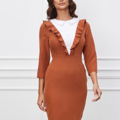 Black Friday Rochie Dy Fashion camel cu volanas si nasturi la bust