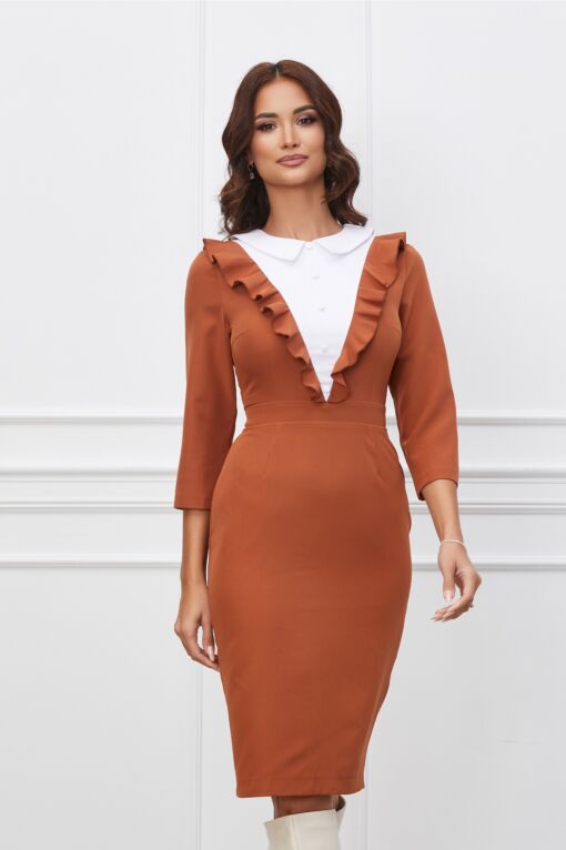 Black Friday Rochie Dy Fashion camel cu volanas si nasturi la bust