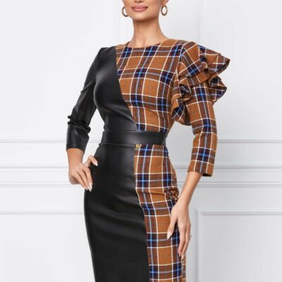 Black Friday 2022 Rochie Dy Fashion din piele ecologica neagra cu carouri maro si dungi albastre