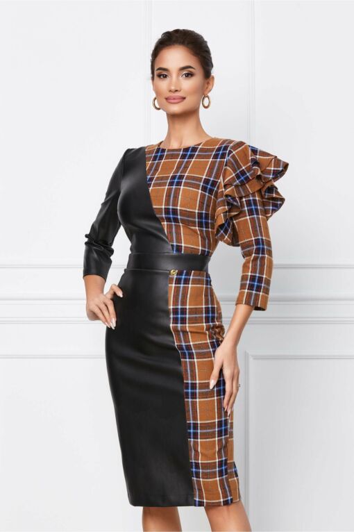 Black Friday 2022 Rochie Dy Fashion din piele ecologica neagra cu carouri maro si dungi albastre