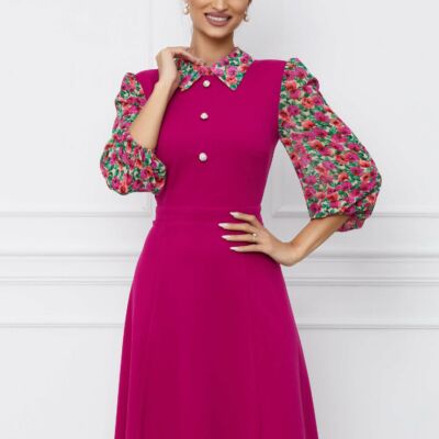 Black Friday 2022 Rochie Dy Fashion fucsia cu imprimeu pe maneci si nasturi la bust