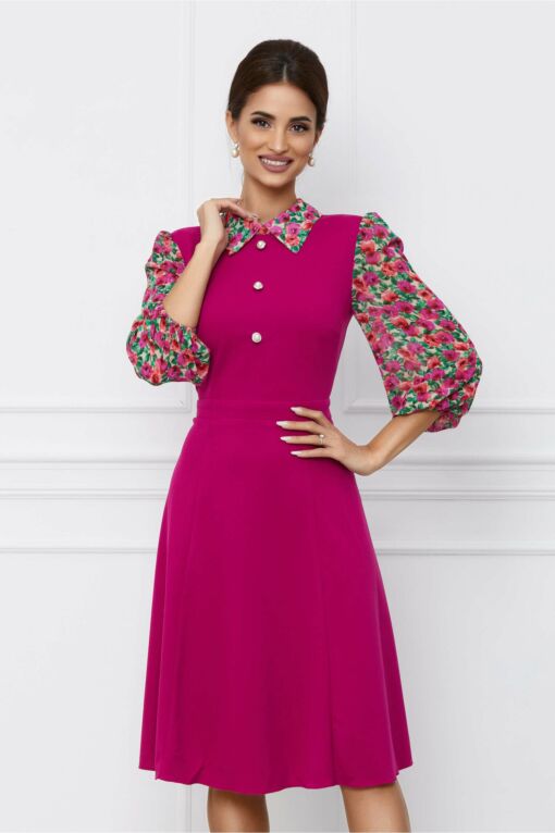 Black Friday 2022 Rochie Dy Fashion fucsia cu imprimeu pe maneci si nasturi la bust