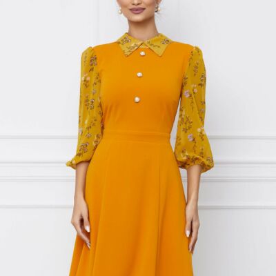 Black Friday 2022 Rochie Dy Fashion galbena cu imprimeu pe maneci si nasturi la bust