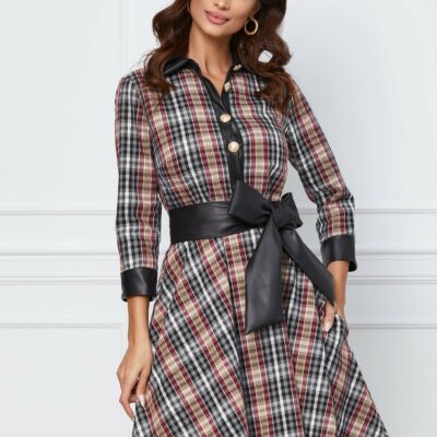 Black Friday 2022 Rochie Dy Fashion gri cu bordo si cordon in talie