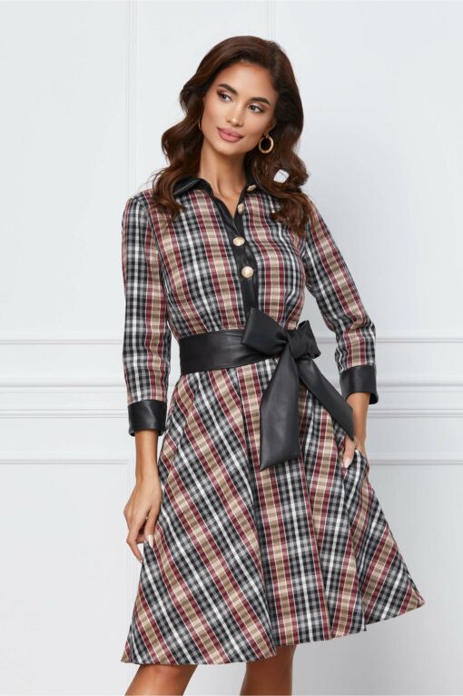 Black Friday 2022 Rochie Dy Fashion gri cu bordo si cordon in talie