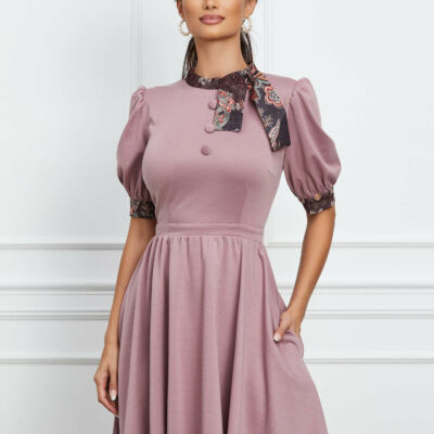 Black Friday 2022 Rochie Dy Fashion lila cu mansete si guler cu imprimeu