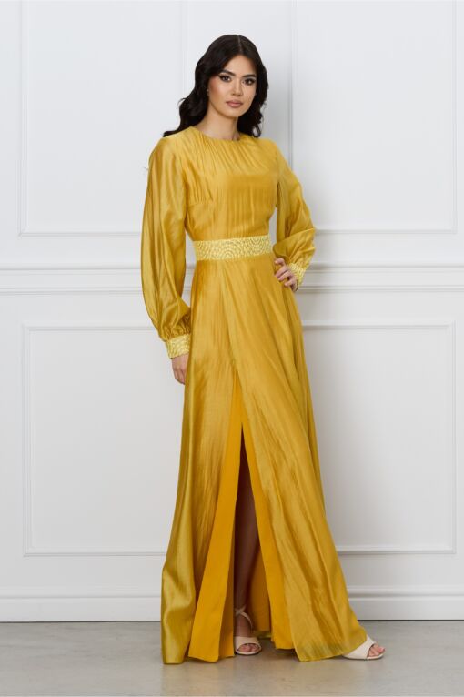 Black Friday 2022 Rochie Dy Fashion lunga galbena cu dantela in talie