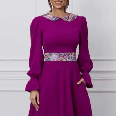 Black Friday 2022 Rochie Dy Fashion magenta cu guler si banda in talie din satin cu imprimeu