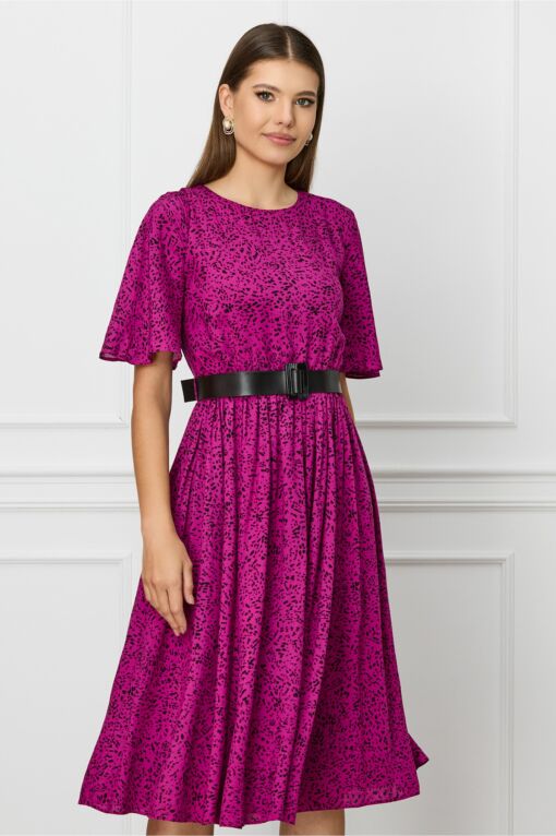 Black Friday Rochie Dy Fashion magenta cu picatele negre si curea in talie