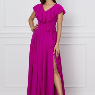 Black Friday Rochie Dy Fashion magenta lunga cu volan la bust si cordon in talie