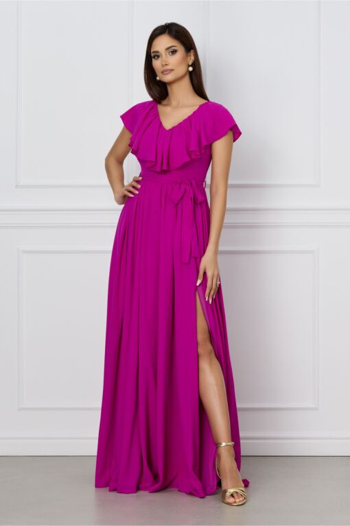 Black Friday Rochie Dy Fashion magenta lunga cu volan la bust si cordon in talie