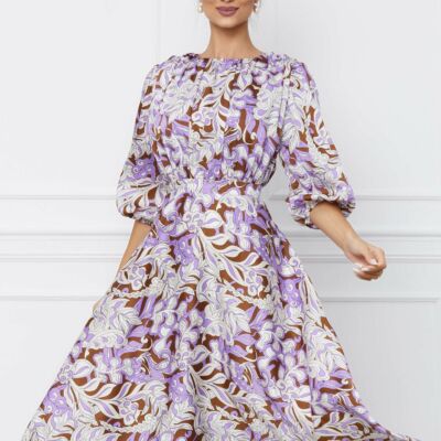 Black Friday 2022 Rochie Dy Fashion maro cu imprimeu lila