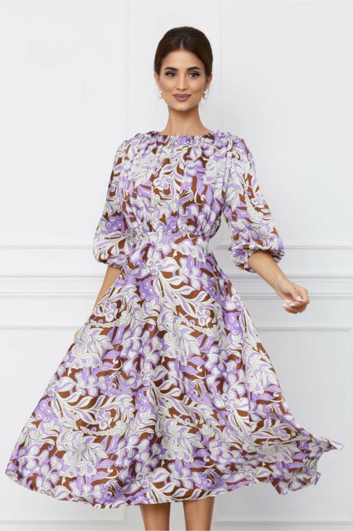 Black Friday 2022 Rochie Dy Fashion maro cu imprimeu lila