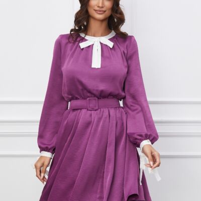 Black Friday 2022 Rochie Dy Fashion mov cu guler alb si curea in talie