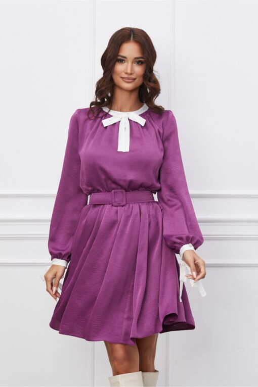 Black Friday 2022 Rochie Dy Fashion mov cu guler alb si curea in talie
