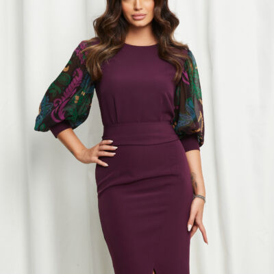 Black Friday 2022 Rochie Dy Fashion mov cu imprimeu pe maneci si cordon in talie