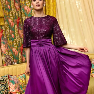 Black Friday Rochie Dy Fashion mov cu paiete la bust si fusta din satin