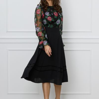 Black Friday Rochie Dy Fashion neagra cu broderie florala la bust