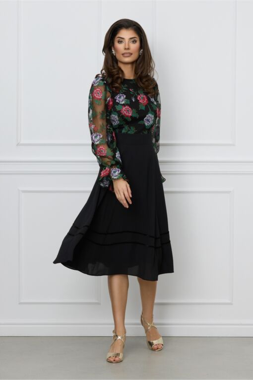 Black Friday Rochie Dy Fashion neagra cu broderie florala la bust