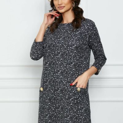 Black Friday 2022 Rochie Dy Fashion neagra cu flori si nasturi la buzunare