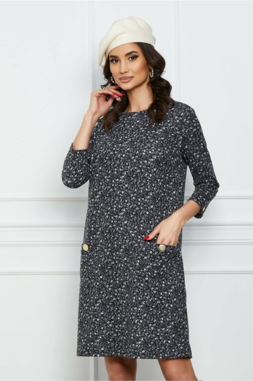 Black Friday 2022 Rochie Dy Fashion neagra cu flori si nasturi la buzunare