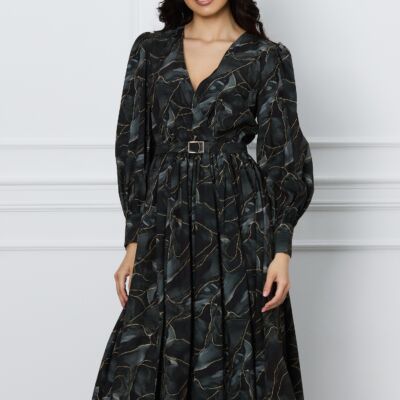 Black Friday 2022 Rochie Dy Fashion neagra cu imprimeu gri si curea in talie