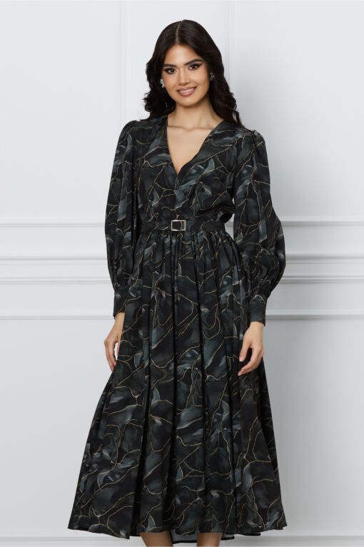 Black Friday 2022 Rochie Dy Fashion neagra cu imprimeu gri si curea in talie