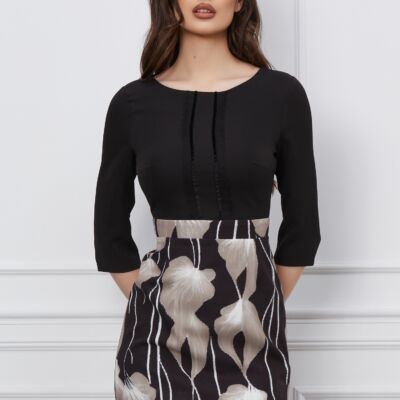 Black Friday Rochie Dy Fashion neagra cu imprimeuri florale bej pe fusta