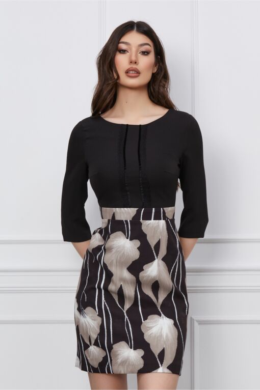 Black Friday Rochie Dy Fashion neagra cu imprimeuri florale bej pe fusta