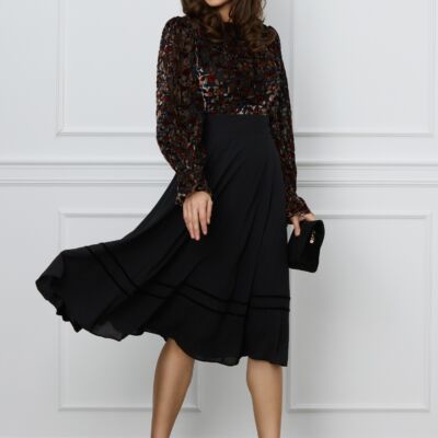 Black Friday 2022 Rochie Dy Fashion neagra cu insertii catifelate maro la bust