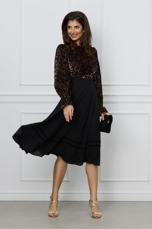 Black Friday 2022 Rochie Dy Fashion neagra cu insertii catifelate maro la bust