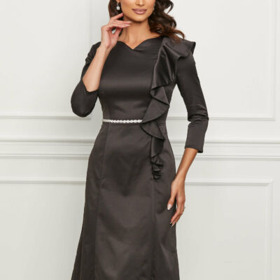 Black Friday 2022 Rochie Dy Fashion neagra cu volan la bust si accesoriu in talie