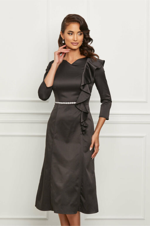 Black Friday 2022 Rochie Dy Fashion neagra cu volan la bust si accesoriu in talie