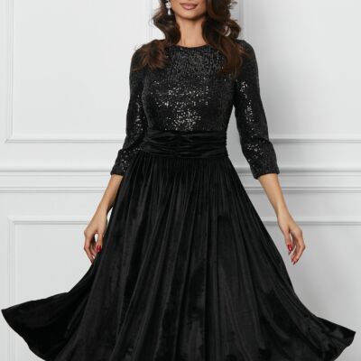 Black Friday 2022 Rochie Dy Fashion neagra din catifea cu bust din paiete