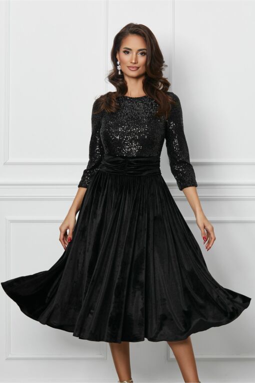 Black Friday 2022 Rochie Dy Fashion neagra din catifea cu bust din paiete