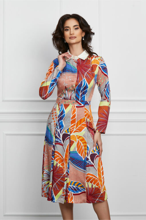 Black Friday 2022 Rochie Dy Fashion orange cu imprimeu albastru si nasturi la bust
