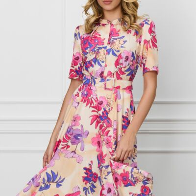 Black Friday Rochie Dy Fashion peach cu imprimeu roz office cu nasturi la bust si curea in talie
