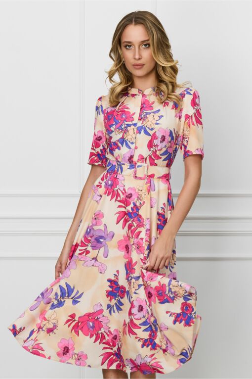 Black Friday Rochie Dy Fashion peach cu imprimeu roz office cu nasturi la bust si curea in talie